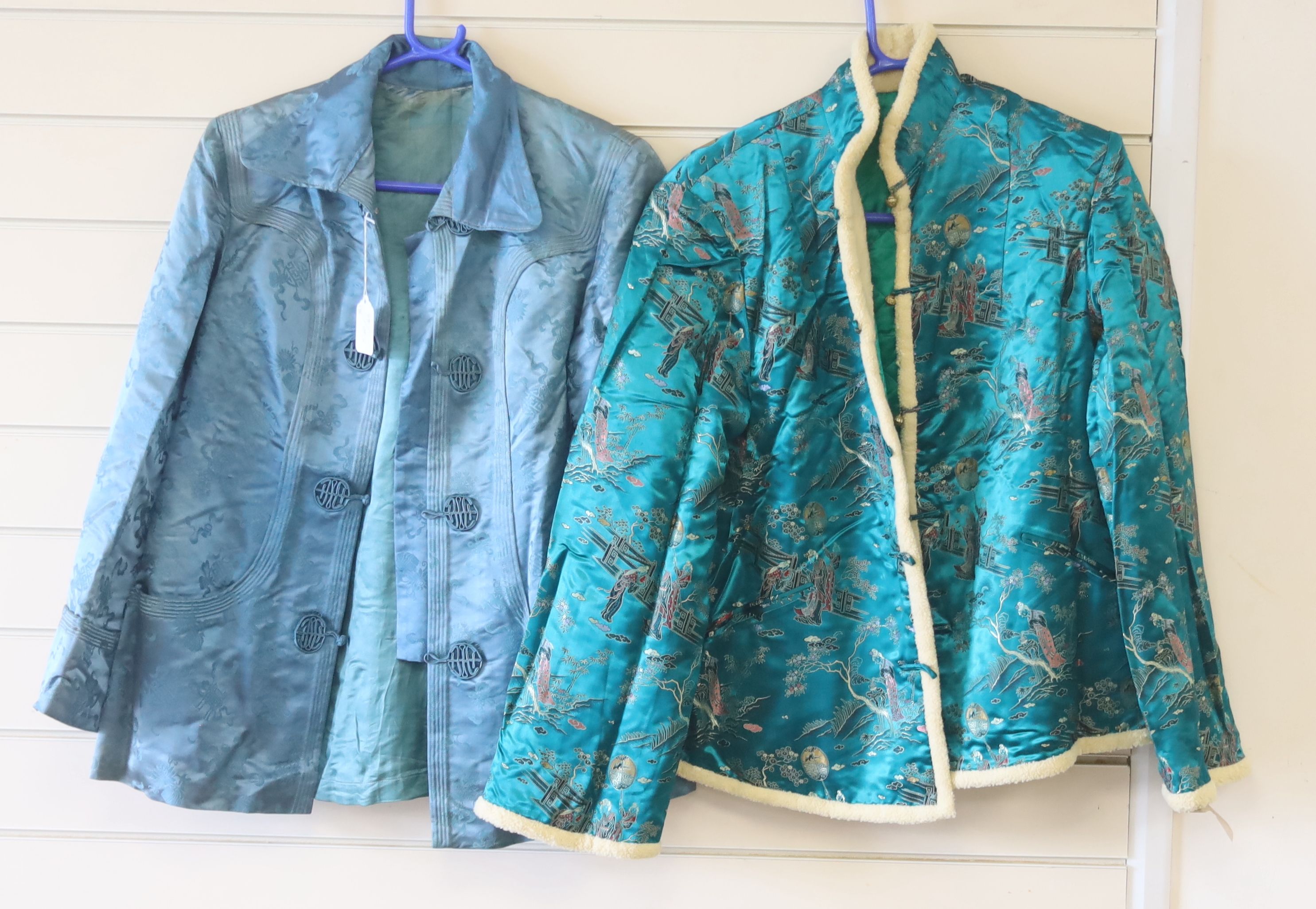 A Chinese turquoise silk damask Chinese robe / jacket, length 67cm, and a later 1940's coloured brocade jacket